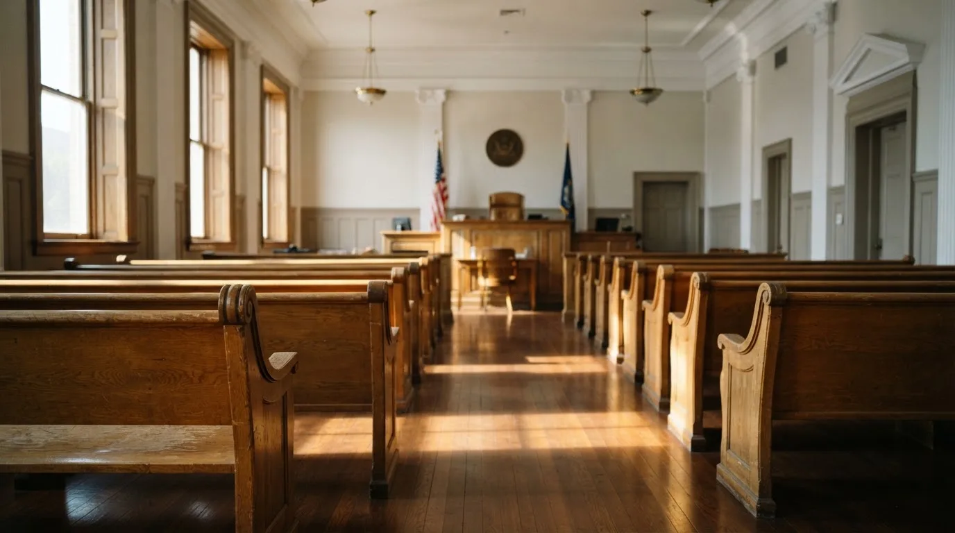 Een lege rechtszaal met houten banken in het ochtendlicht