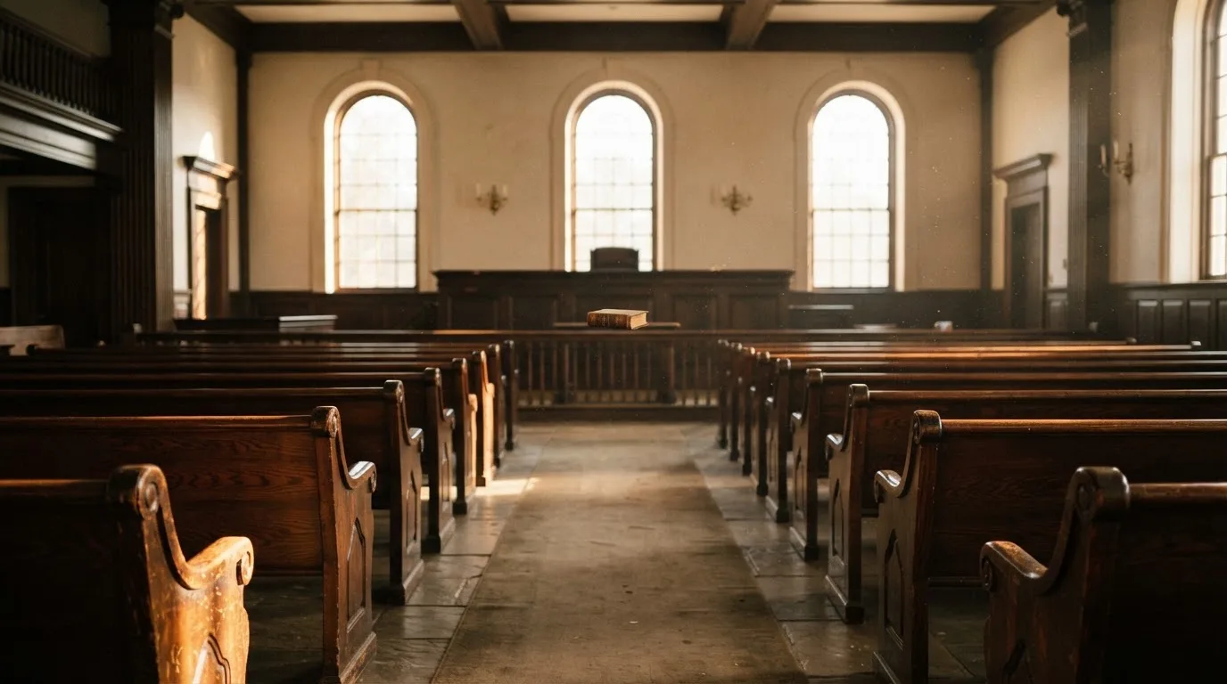 Een lege rechtszaal met houten banken in het ochtendlicht