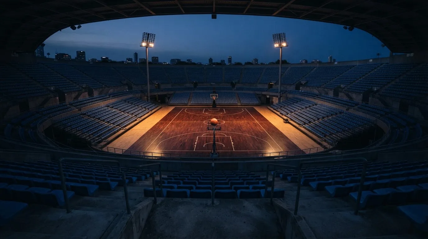 Een leeg voetbalstadion met lichtmasten bij schemering