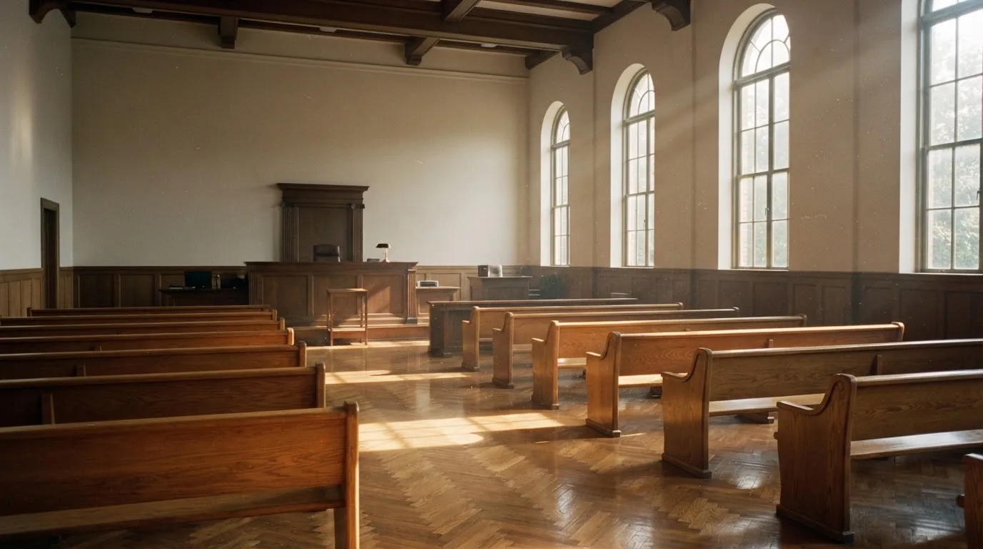 Een lege rechtszaal met houten banken in het ochtendlicht