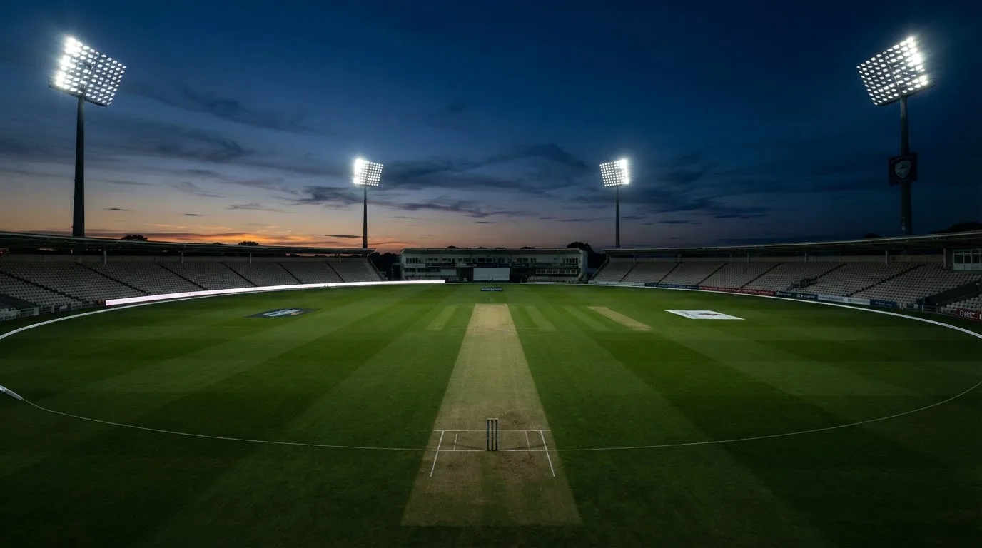 Een leeg voetbalstadion met lichtmasten bij schemering