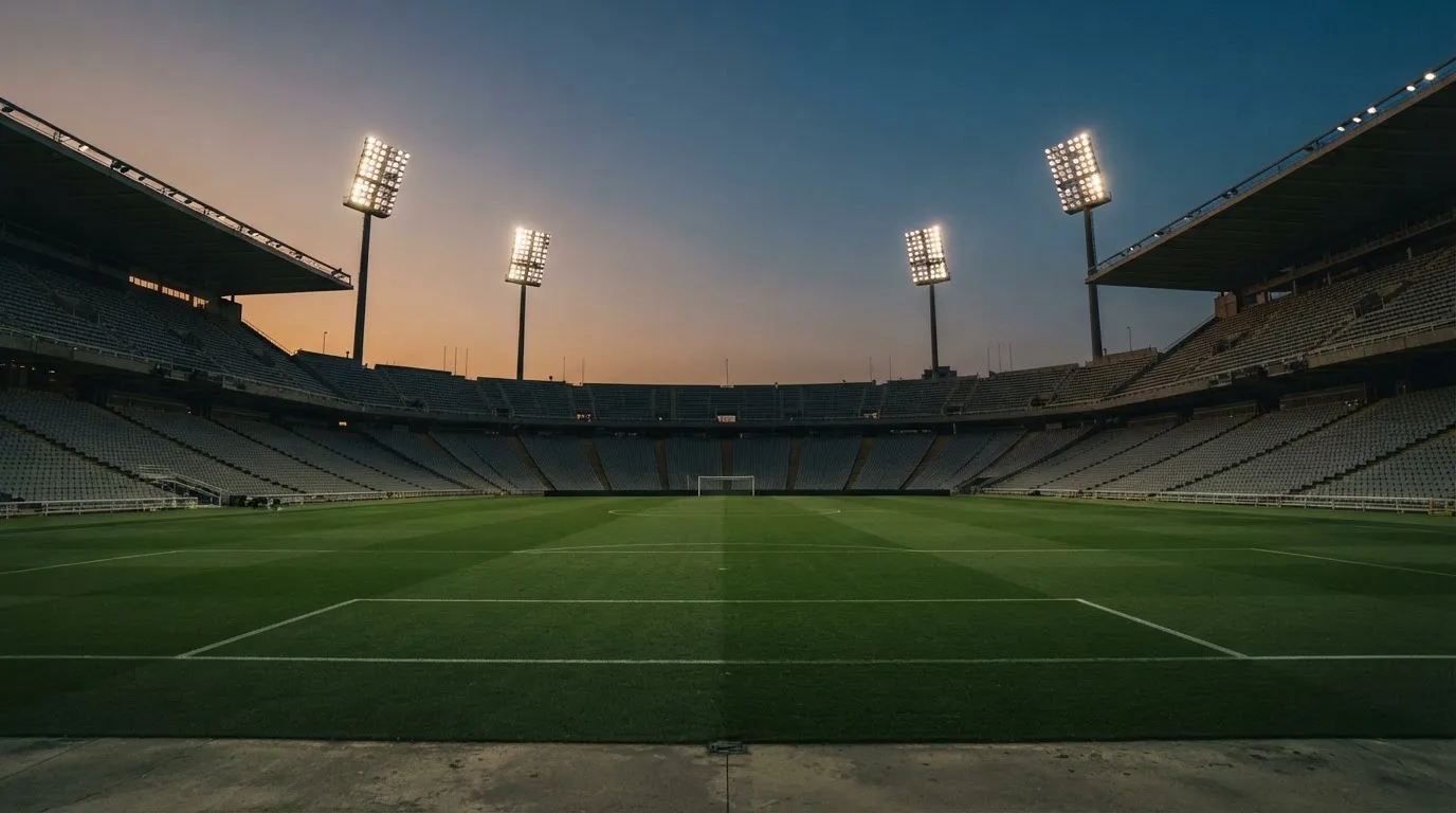 Een leeg voetbalstadion met lichtmasten bij schemering