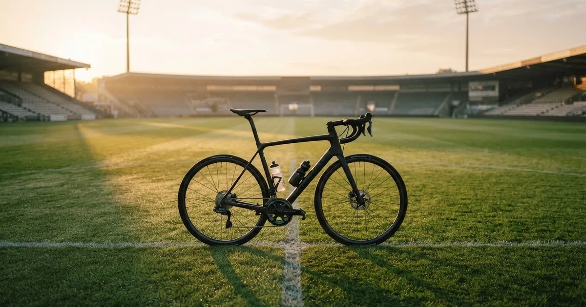 Een voetbal op de middenstip van een grasveld in het ochtendlicht
