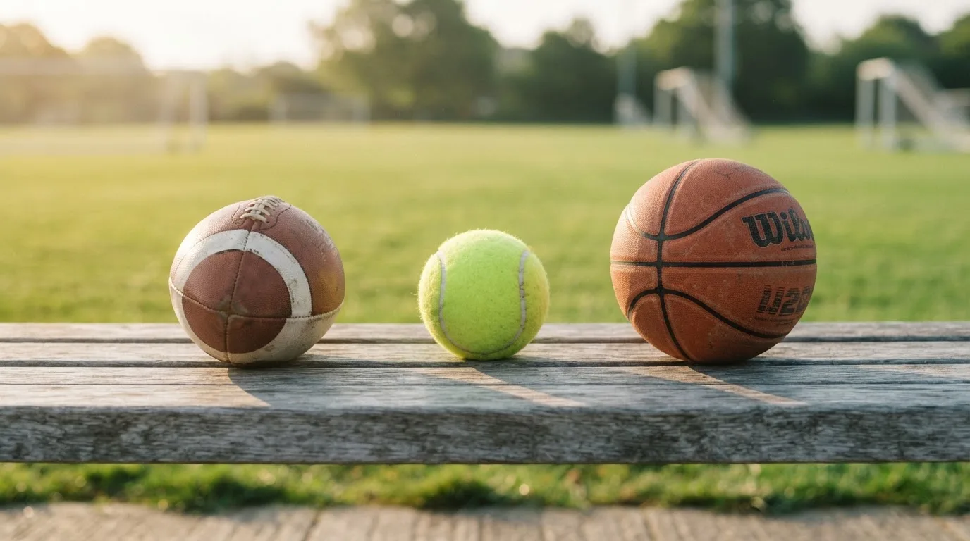 Drie ballen van verschillende soorten naast elkaar op een houten bank