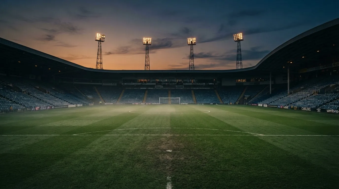 Een leeg voetbalstadion met lichtmasten bij schemering