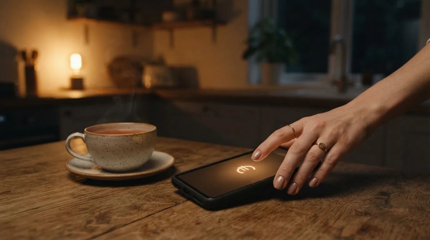 Een hand legt een smartphone naast een kopje thee op een keukentafel, een rustige avond