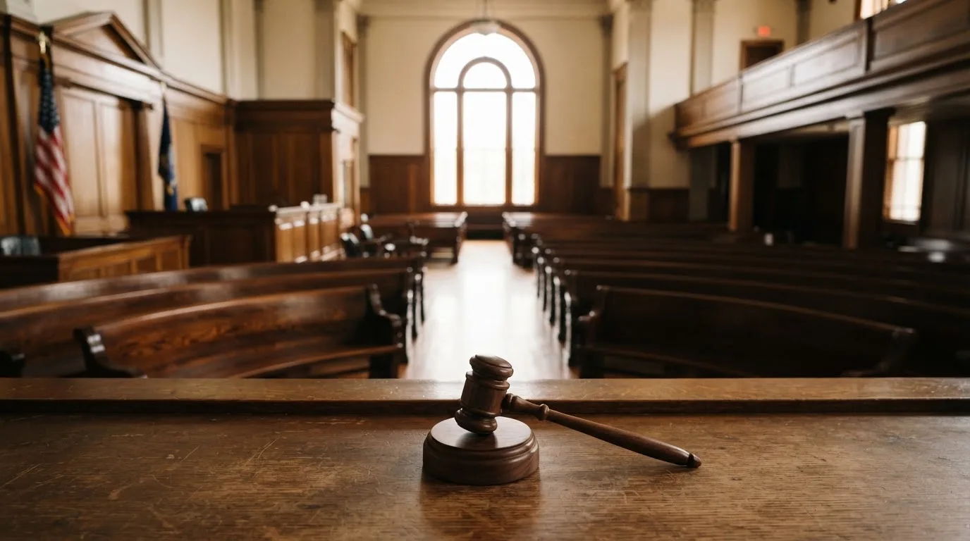 Een lege rechtszaal met houten banken in het ochtendlicht