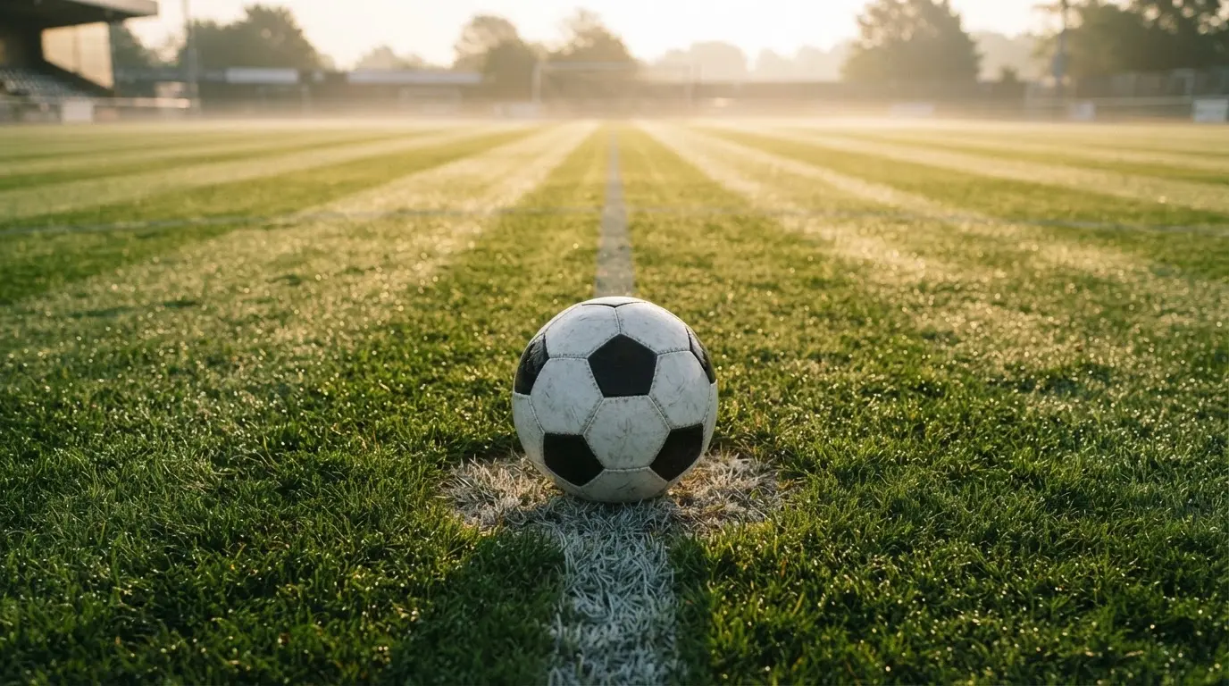 Een voetbal op de middenstip van een grasveld in het ochtendlicht