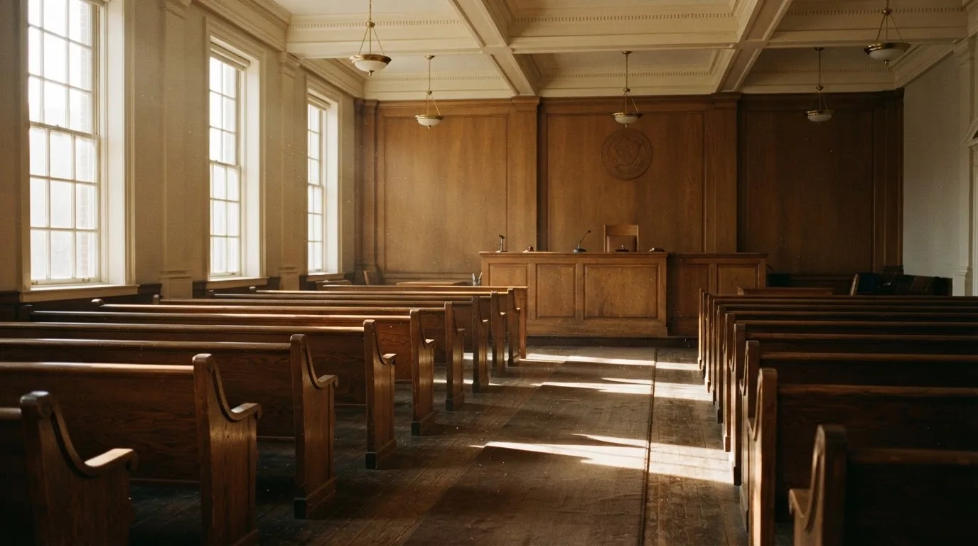 Een lege rechtszaal met houten banken in het ochtendlicht