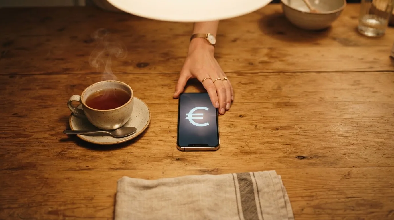 Een hand legt een smartphone naast een kopje thee op een keukentafel, een rustige avond