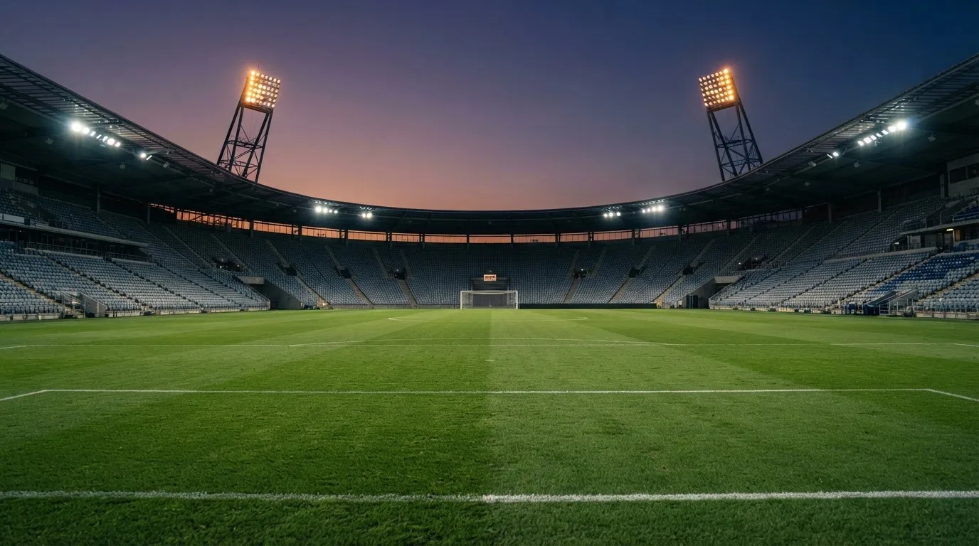 Een leeg voetbalstadion met lichtmasten bij schemering