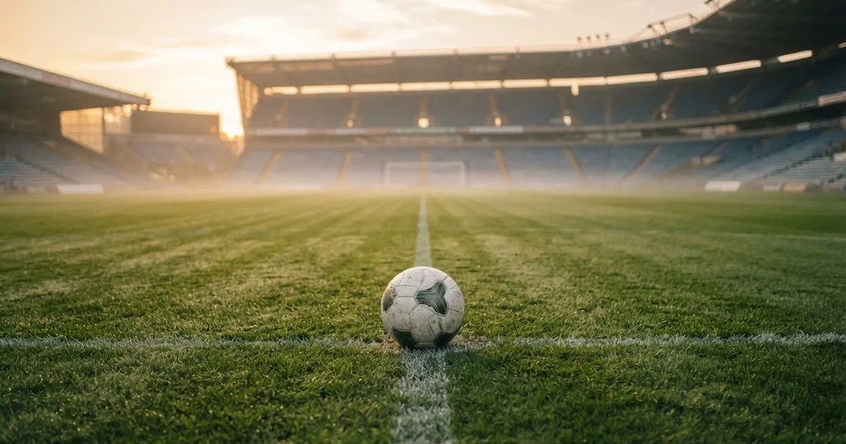 Een voetbal op de middenstip van een grasveld in het ochtendlicht