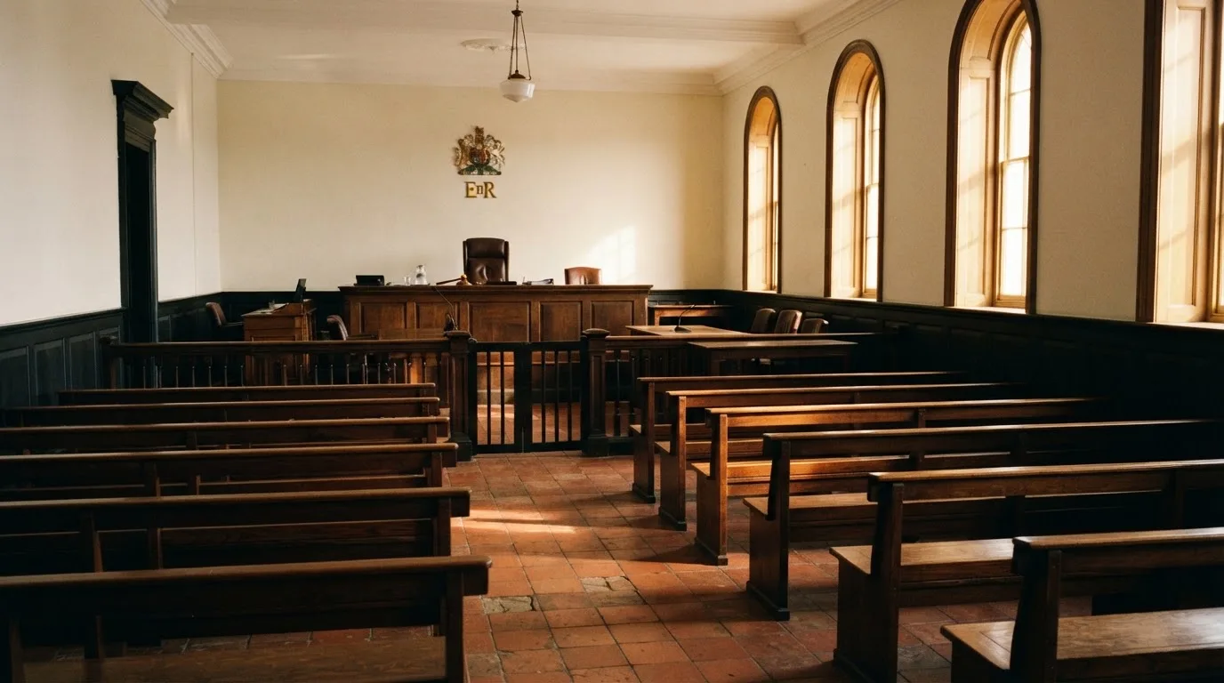 Een lege rechtszaal met houten banken in het ochtendlicht