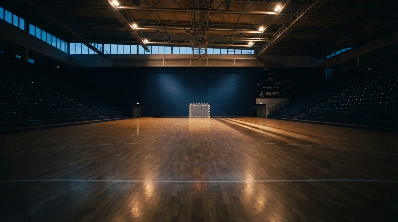 Een leeg voetbalstadion met lichtmasten bij schemering