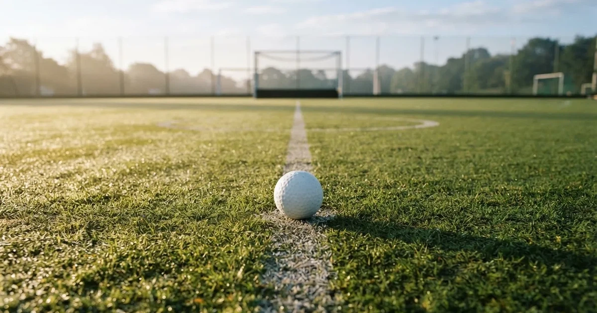 Een voetbal op de middenstip van een grasveld in het ochtendlicht