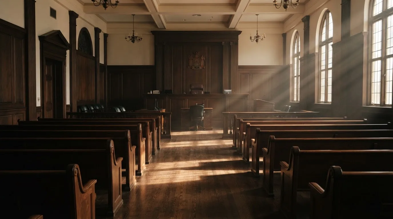 Een lege rechtszaal met houten banken in het ochtendlicht