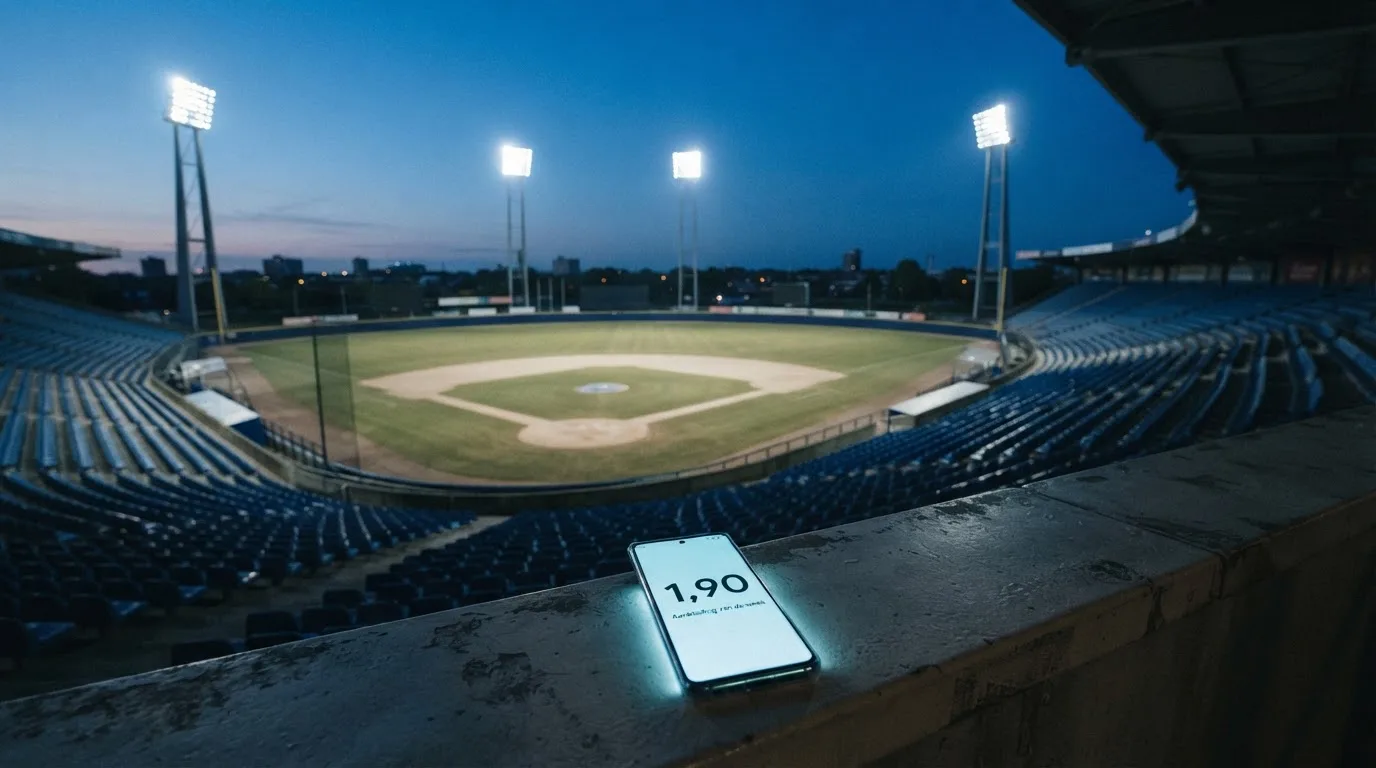 Een leeg voetbalstadion met lichtmasten bij schemering