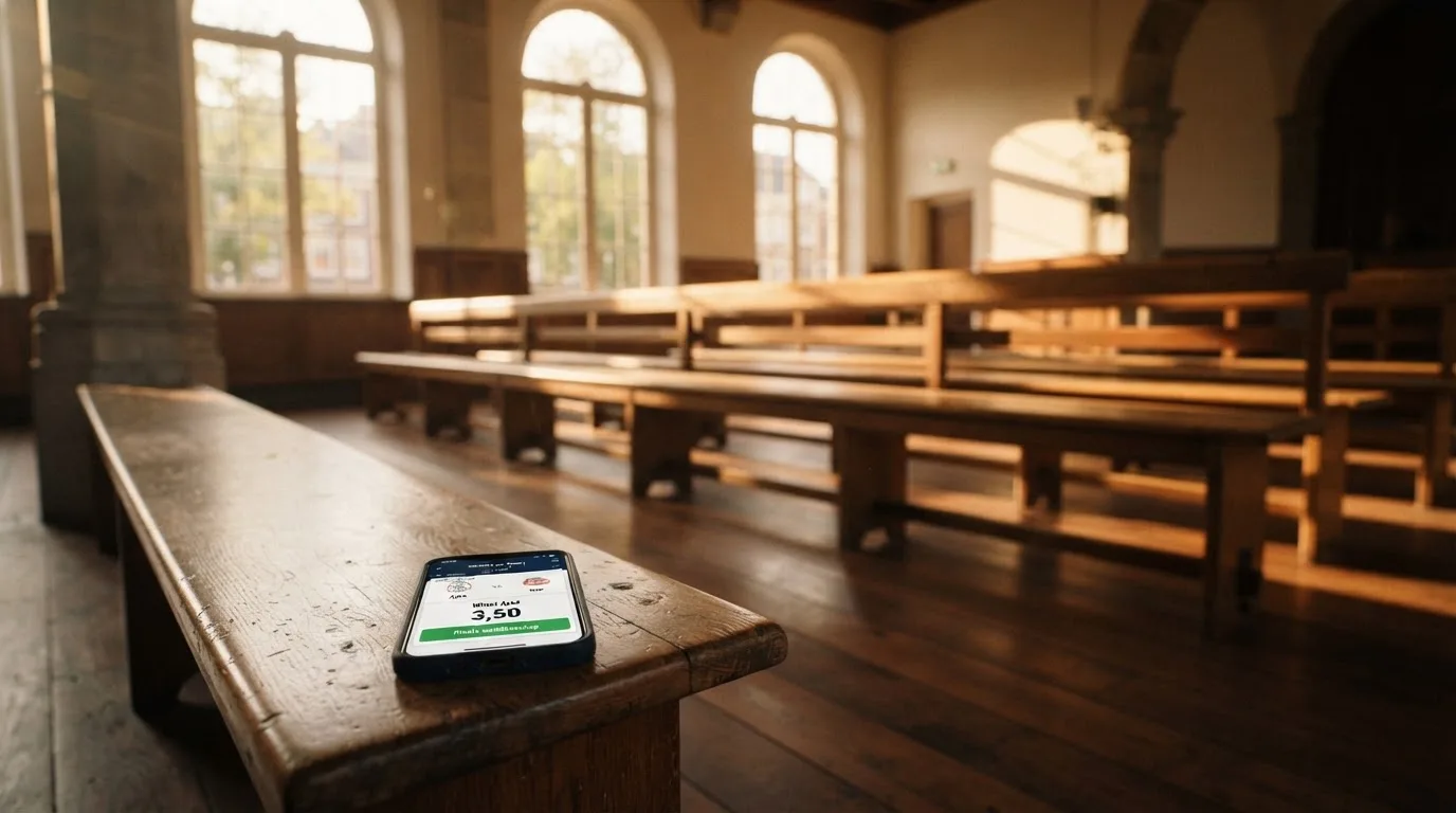 Een lege rechtszaal met houten banken in het ochtendlicht
