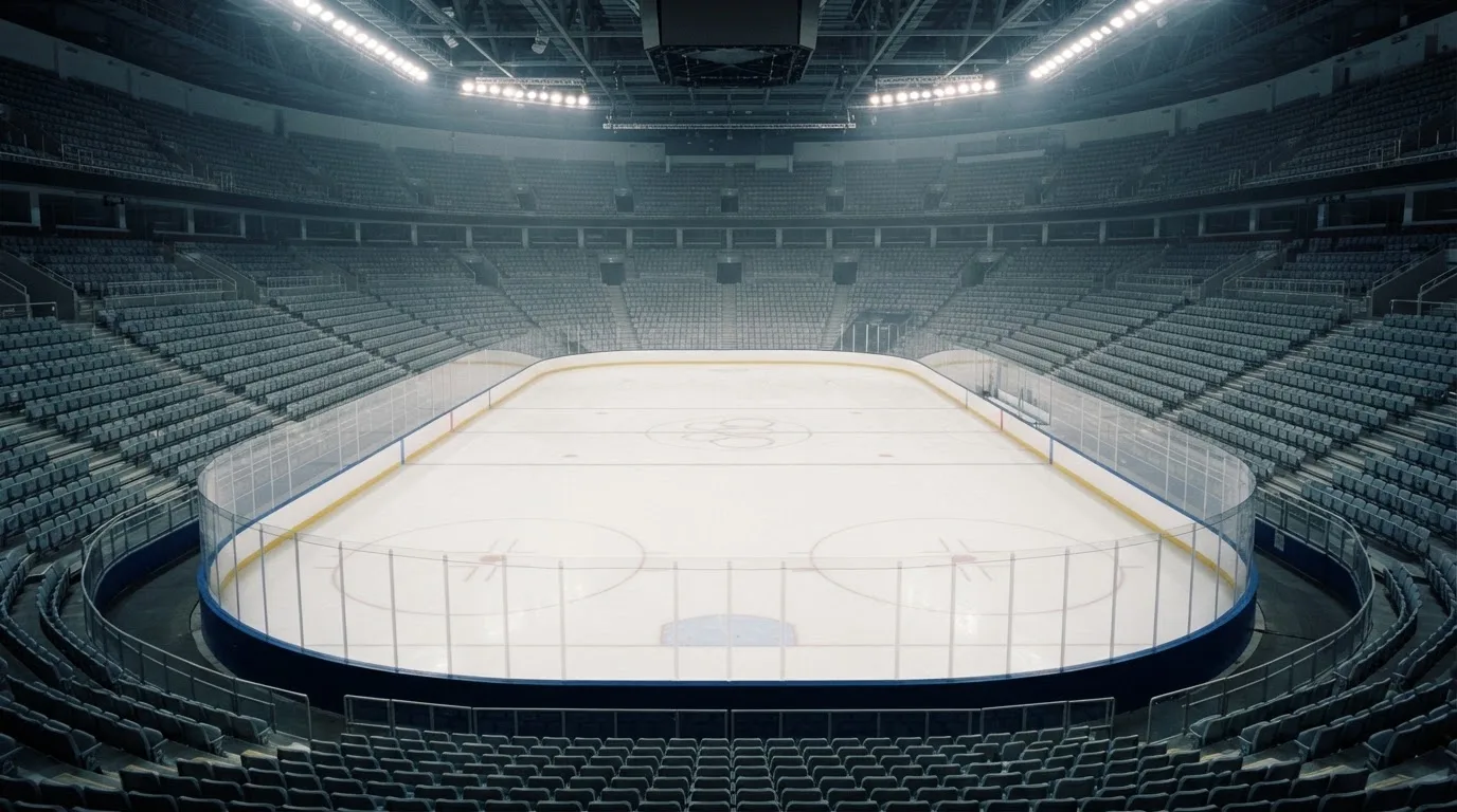 Een leeg voetbalstadion met lichtmasten bij schemering