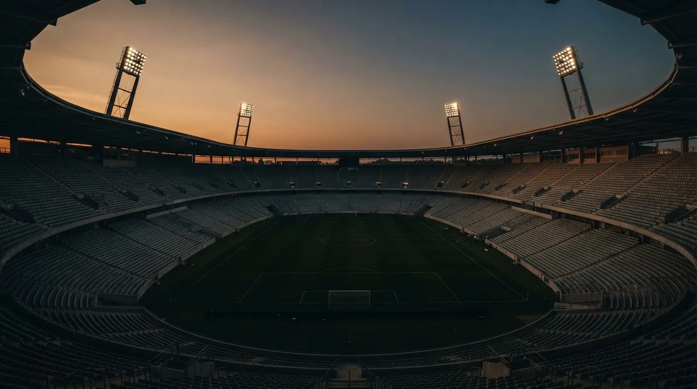 Een leeg voetbalstadion met lichtmasten bij schemering
