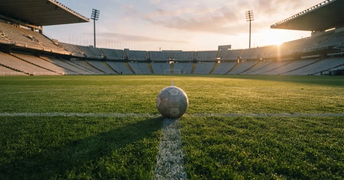 Een voetbal op de middenstip van een grasveld in het ochtendlicht