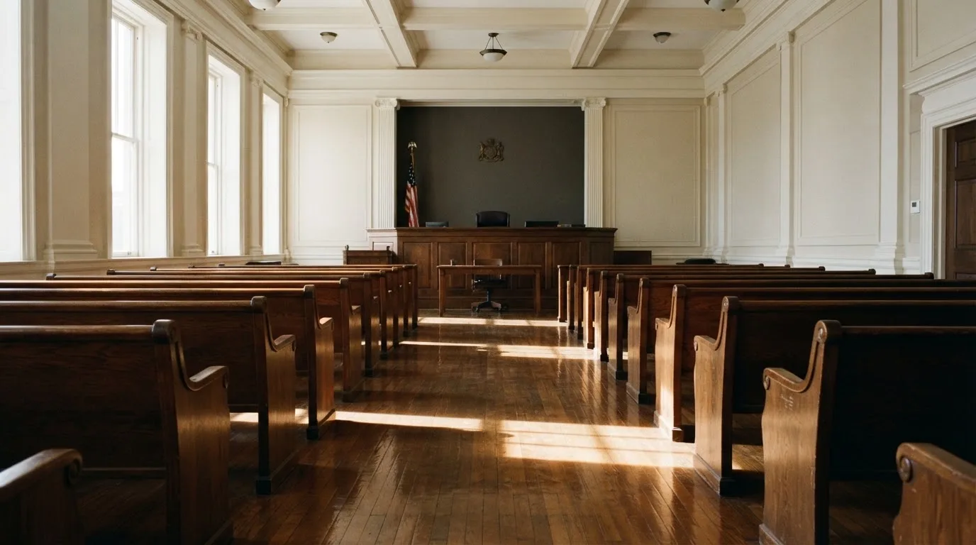 Een lege rechtszaal met houten banken in het ochtendlicht