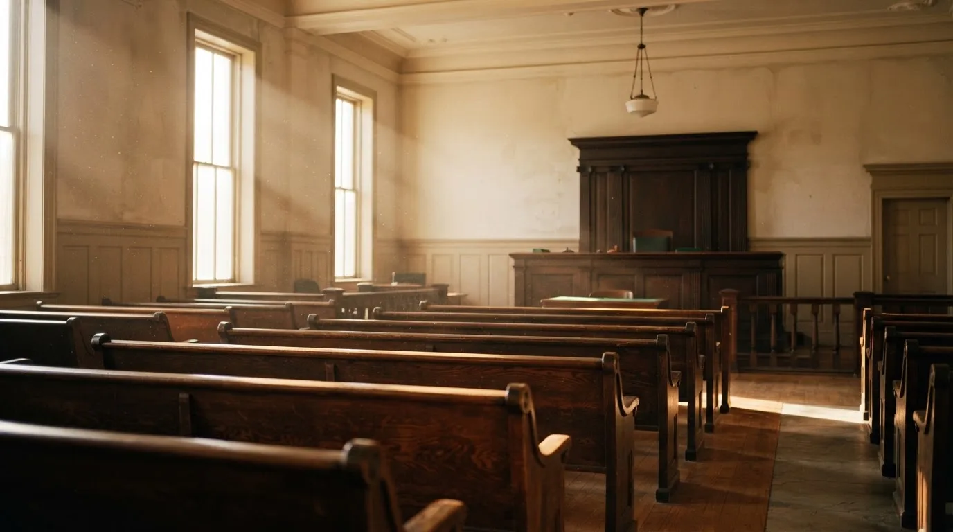 Een lege rechtszaal met houten banken in het ochtendlicht