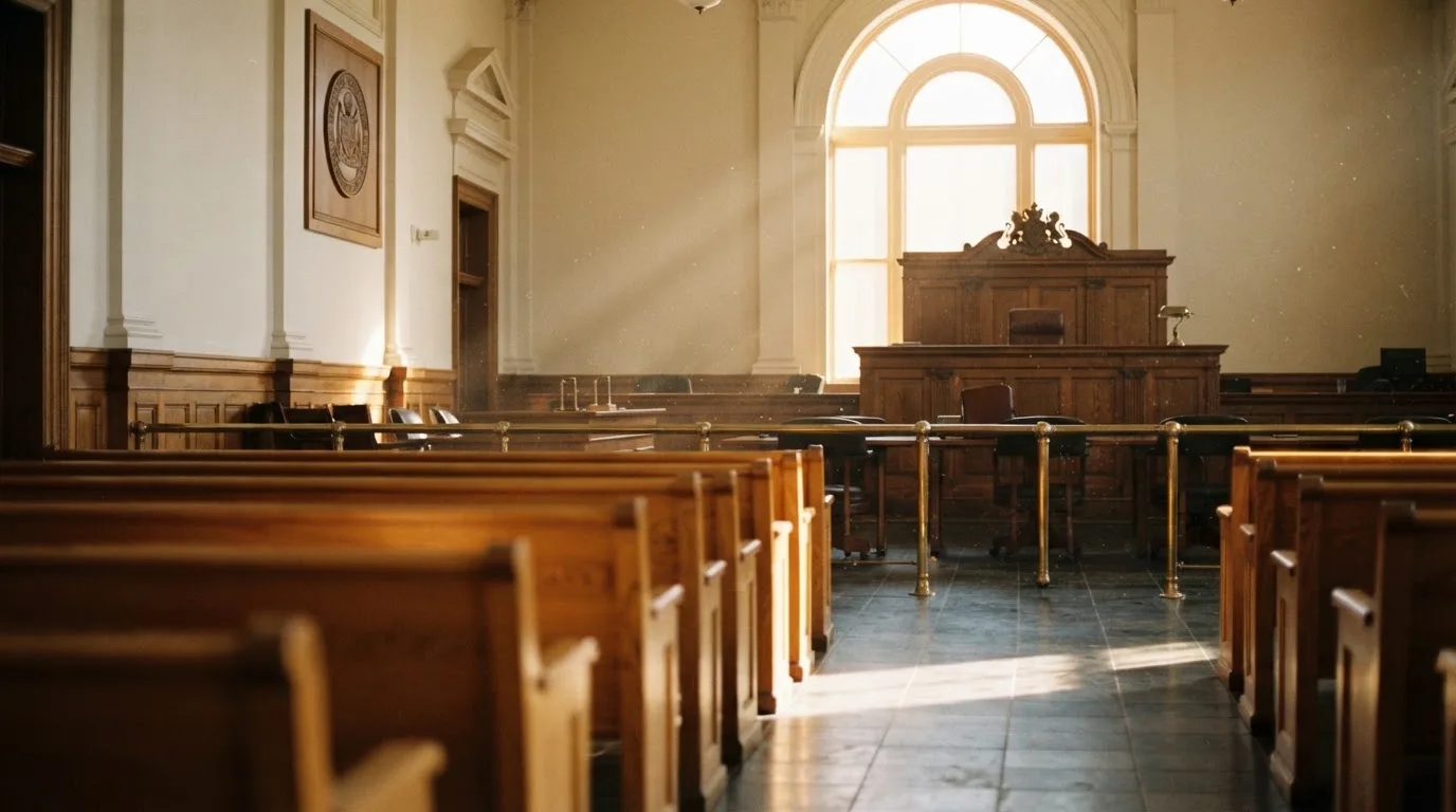 Een lege rechtszaal met houten banken in het ochtendlicht