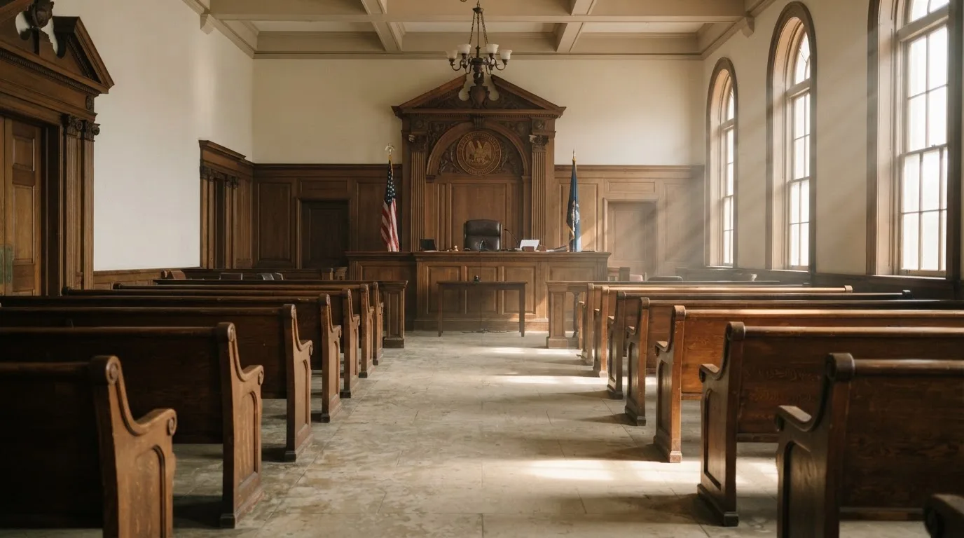 Een lege rechtszaal met houten banken in het ochtendlicht