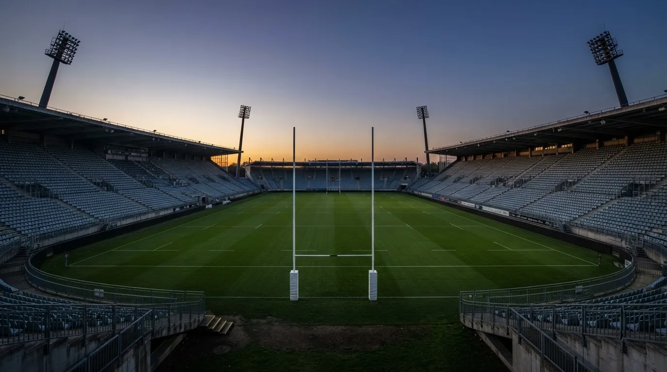 Een leeg voetbalstadion met lichtmasten bij schemering