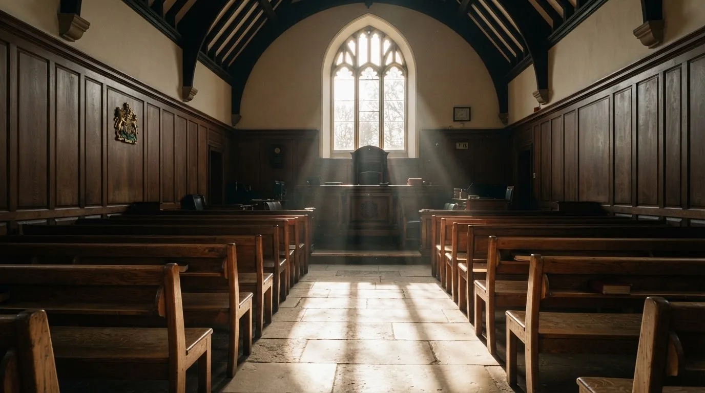 Een lege rechtszaal met houten banken in het ochtendlicht