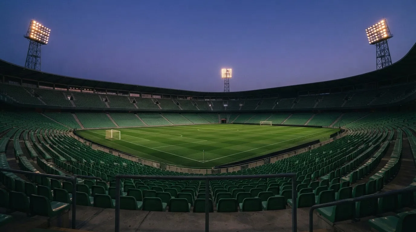 Een leeg voetbalstadion met lichtmasten bij schemering