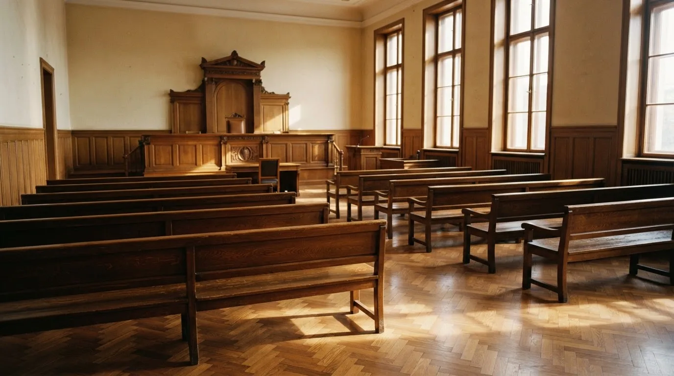 Een lege rechtszaal met houten banken in het ochtendlicht