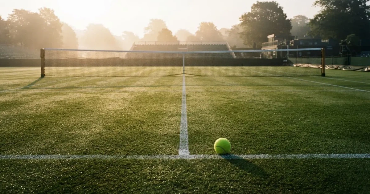 Een voetbal op de middenstip van een grasveld in het ochtendlicht