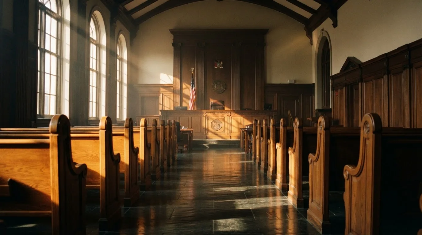 Een lege rechtszaal met houten banken in het ochtendlicht