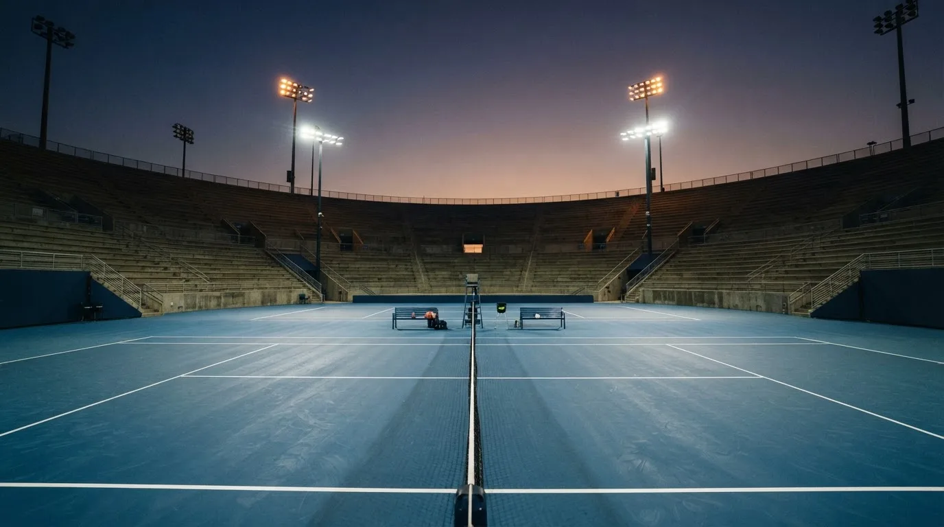Een leeg voetbalstadion met lichtmasten bij schemering