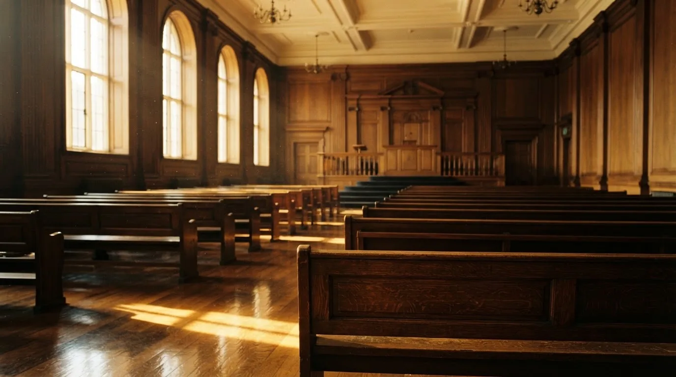 Een lege rechtszaal met houten banken in het ochtendlicht