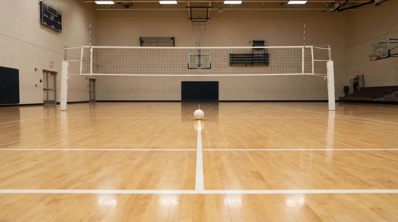 Een leeg voetbalstadion met lichtmasten bij schemering
