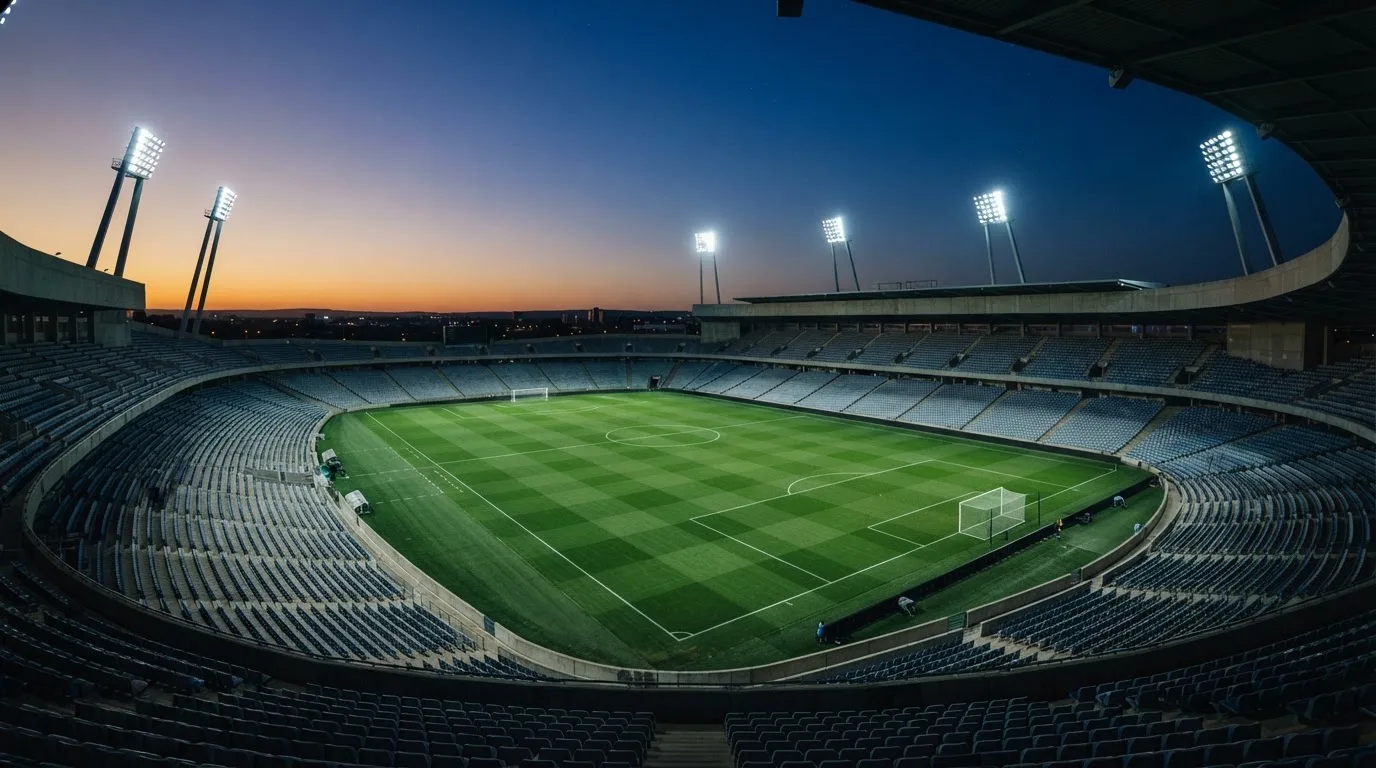 Een leeg voetbalstadion met lichtmasten bij schemering