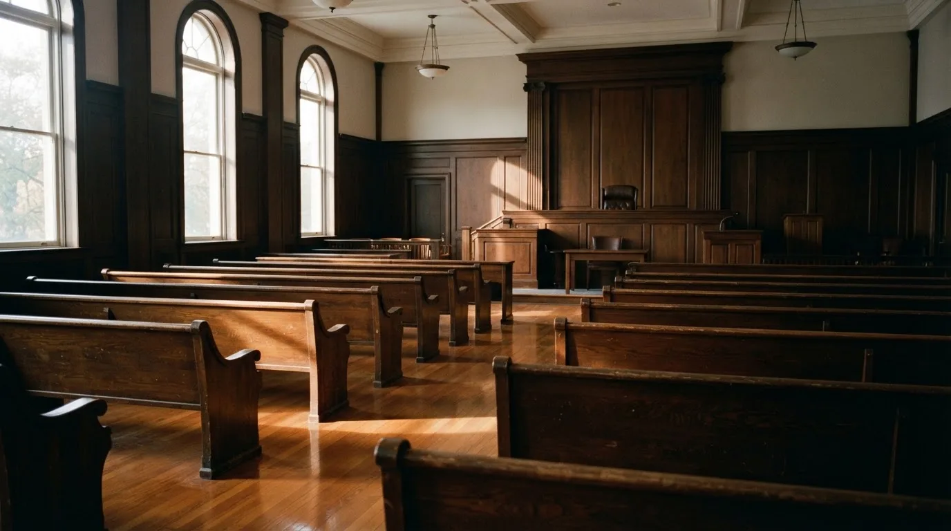 Een lege rechtszaal met houten banken in het ochtendlicht