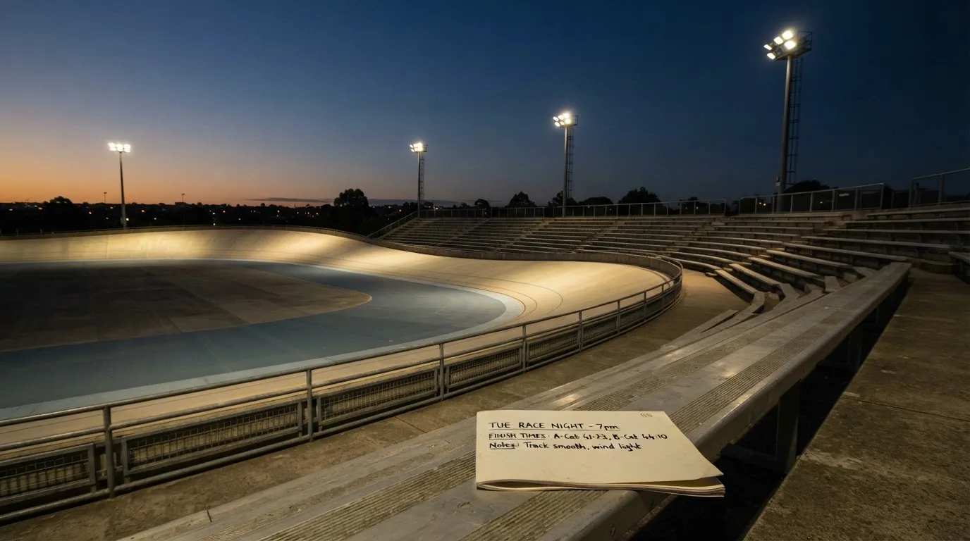 Een leeg voetbalstadion met lichtmasten bij schemering