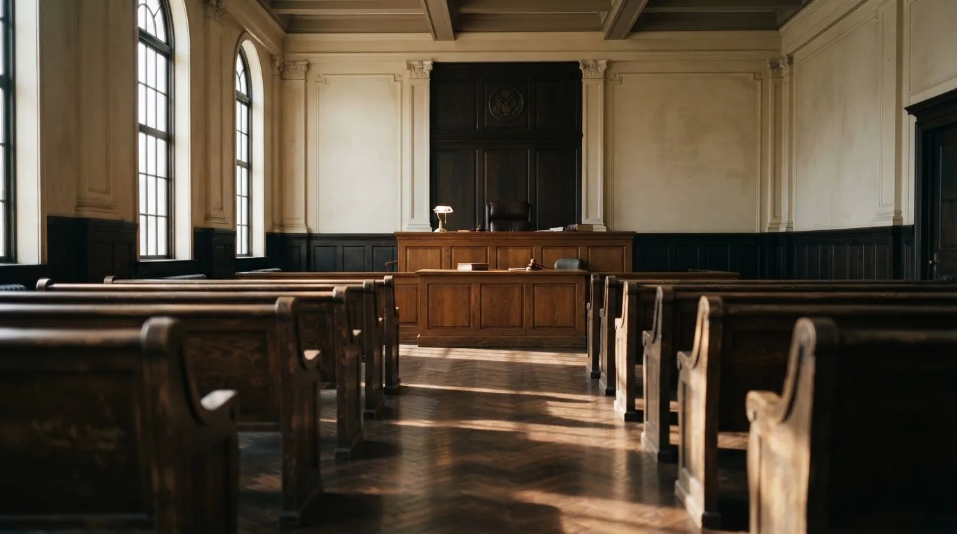 Een lege rechtszaal met houten banken in het ochtendlicht