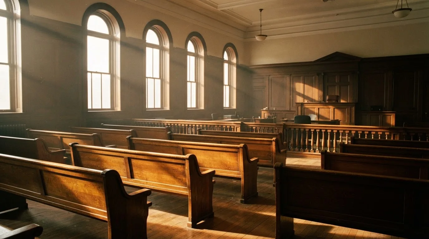 Een lege rechtszaal met houten banken in het ochtendlicht