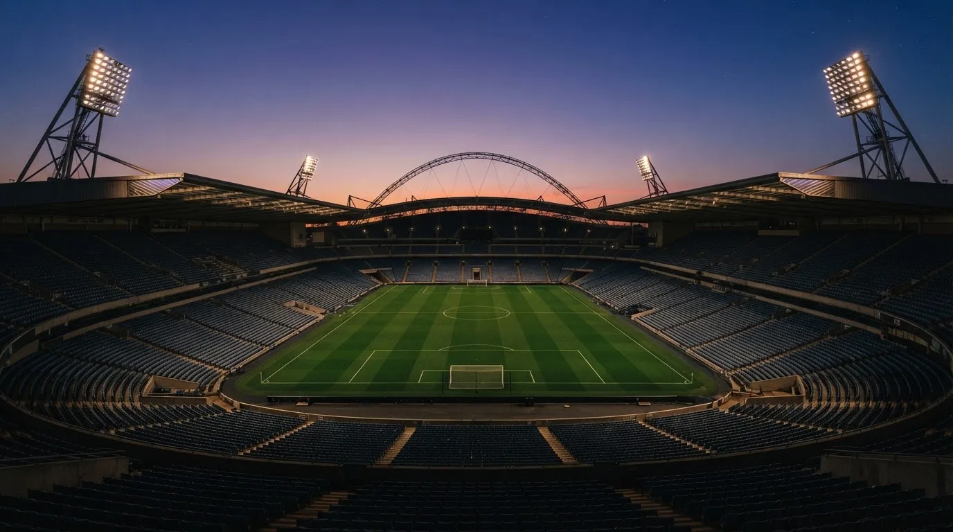 Een leeg voetbalstadion met lichtmasten bij schemering