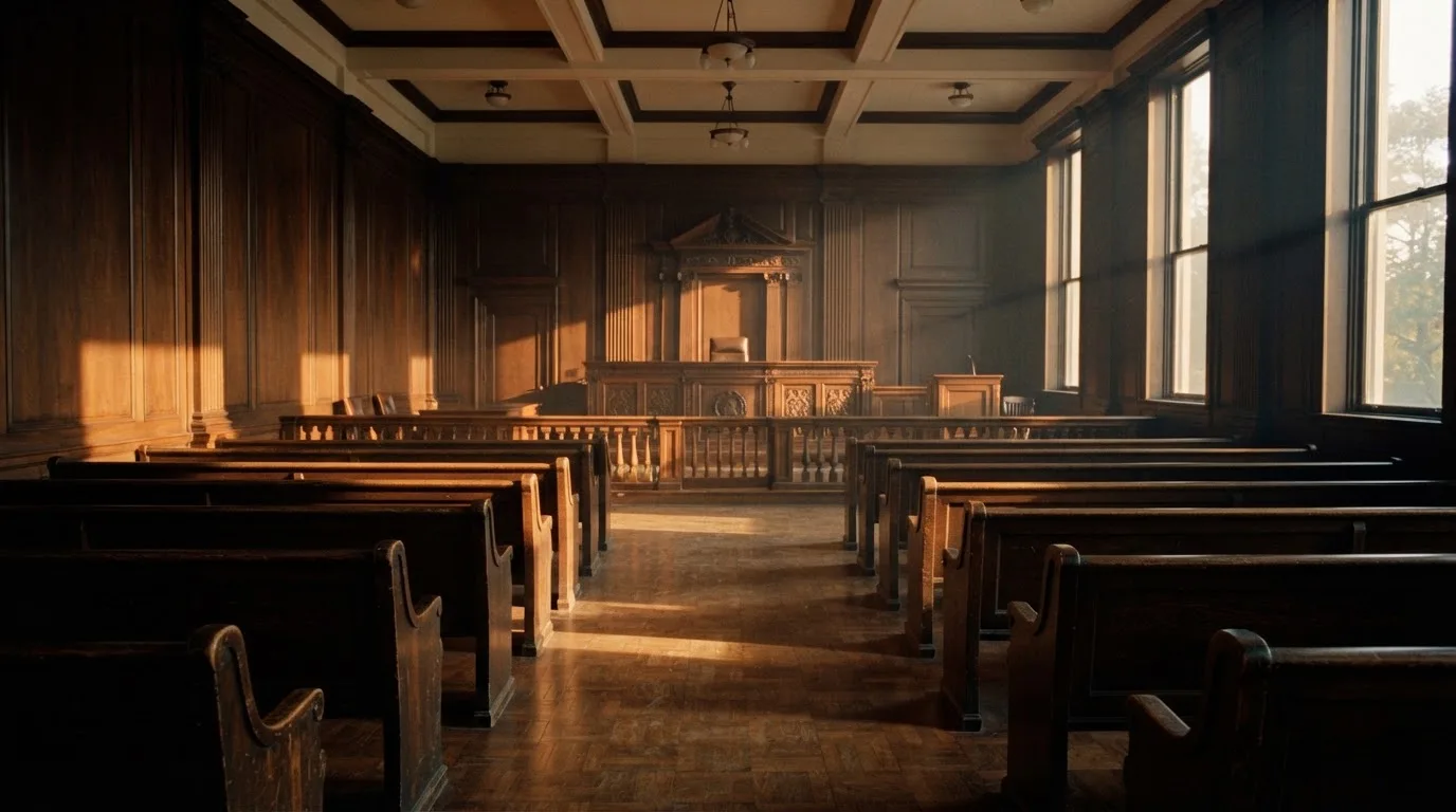 Een lege rechtszaal met houten banken in het ochtendlicht