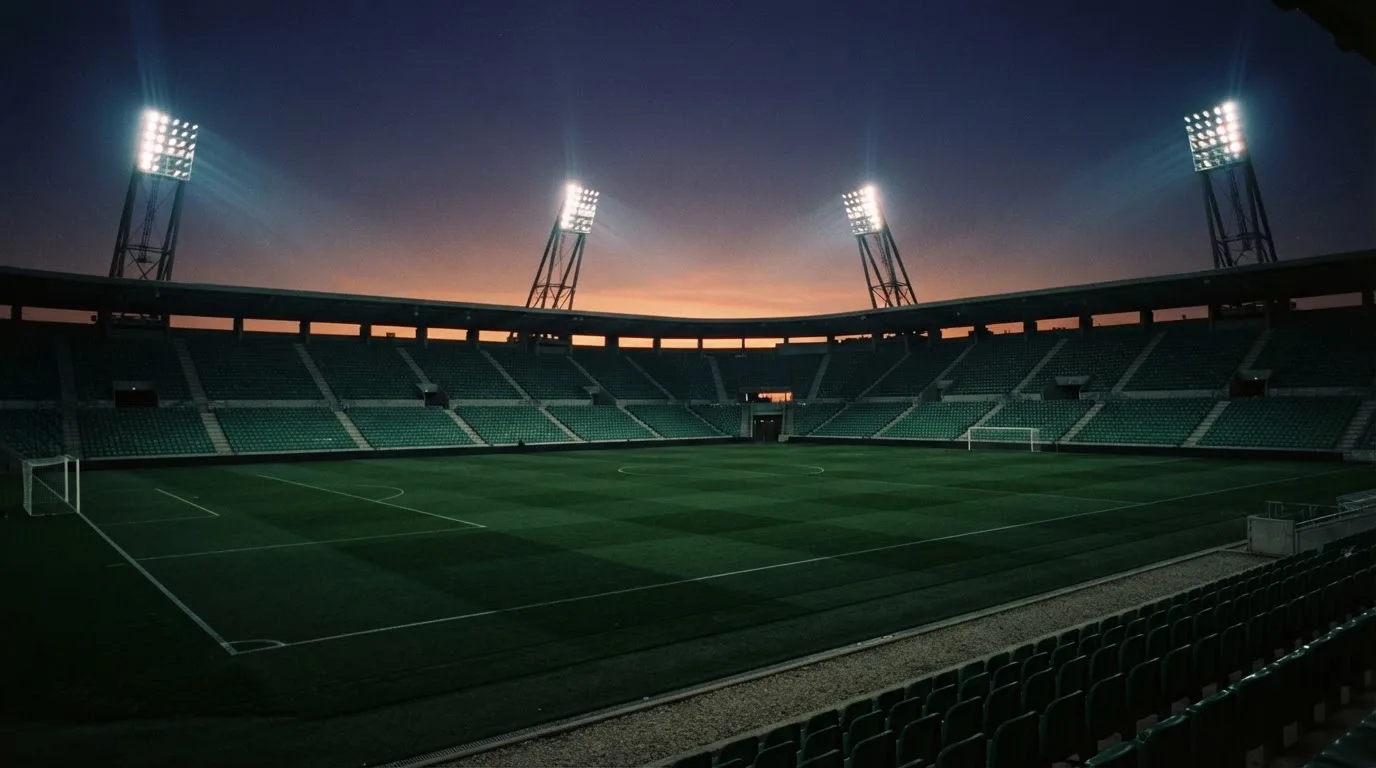 Een leeg voetbalstadion met lichtmasten bij schemering