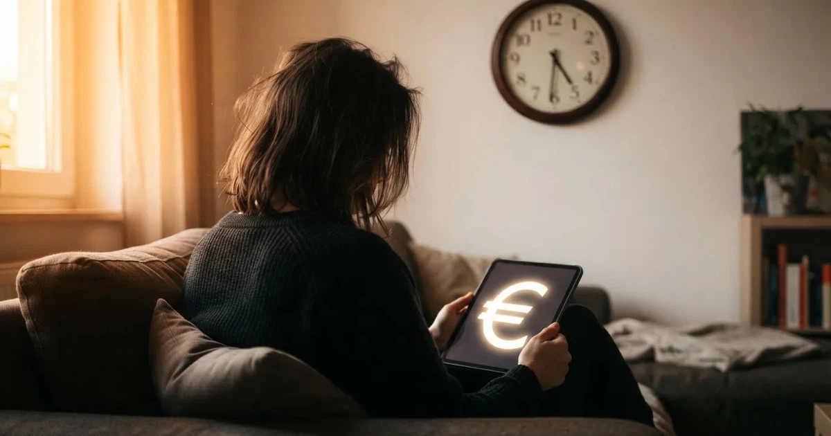 Een persoon op de bank kijkt peinzend naar een tablet, op de achtergrond een klok aan de muur