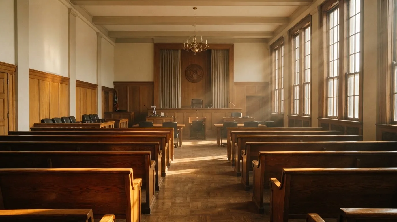 Een lege rechtszaal met houten banken in het ochtendlicht